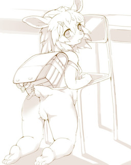 4_toes anthro backpack blush breasts butt chair feet female fur furniture hair kemono loli looking_at_viewer looking_back nipples nude open_mouth small_breasts solo toes young young_anthro atode_kimeru bovid caprine goat mammal 2019 black_and_white digital_media_(artwork) monochrome