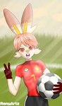 anthro ball clothing gesture gloves grass hair hand_gesture handwear happy holding_object light light_beam looking_at_viewer male male_anthro open_mouth orange_hair plant red_body red_eyes soccer_ball soccer_uniform solo sportswear sunbeam sunlight uniform v_sign white_body renyartz nintendo pokemon fan_character generation_8_pokemon lagomorph mammal pokemon_(species) scorbunny absurd_res hi_res