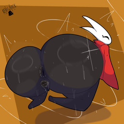 anthro anus big_butt black_body butt cloak clothing eyes_closed female genitals huge_butt solo thick_thighs vulva wide_hips kenxwhack hollow_knight_(franchise) team_cherry hornet_(hollow_knight) arthropod hi_res