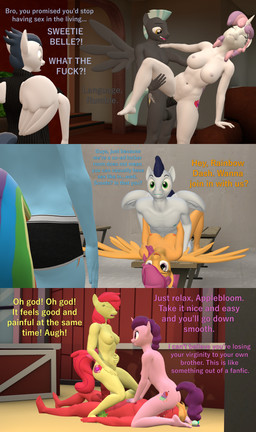 abdominal_bulge age_progression aged_up ambiguous_gender animal_genitalia animal_penis anthro anthrofied balls big_breasts big_penis breasts butt clothed clothing defloration equine_genitalia equine_penis facesitting female female_anthro female_virgin genitals group group_sex horn legal locker_room locker_room_sex male male/female male_anthro muscular muscular_male navel nipples nude nude_anthro nude_female nude_male penetration penis profanity sex sitting sitting_on_another stated_incest stated_virginity text threesome topless topless_ambiguous topless_anthro vaginal vaginal_penetration virgin vulgar vulva wings young young_male papadragon69 friendship_is_magic hasbro my_little_pony mythology apple_bloom_(mlp) big_macintosh_(mlp) cutie_mark_crusaders_(mlp) rainbow_dash_(mlp) rumble_(mlp) scootaloo_(mlp) soarin_(mlp) sugar_belle_(mlp) sweetie_belle_(mlp) thunderlane_(mlp) wonderbolts_(mlp) earth_pony equid equine horse mammal mythological_creature mythological_equine pegasus pony unicorn 3d_(artwork) absurd_res comic digital_media_(artwork) english_text hi_res source_filmmaker_(artwork) brother_(lore) brother_and_sister_(lore) incest_(lore) sibling_(lore) sister_(lore)