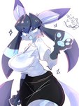 3:4 absurd_res anthro big_breasts blue_markings blue_mouth blue_sclera blue_tongue bottomwear breasts celena_(sparkingyagi) clothed clothing dress_shirt ear_markings eeveelution fangs female fur fur_markings generation_2_pokemon generation_4_pokemon glaceon gloves_(marking) grey_body grey_fur hair hi_res hybrid leg_markings long_ears markings nintendo nyaswitchnya open_mouth pawpads pokemon pokemon_(species) shirt simple_background solo sparkles tail teeth thick_thighs thigh_markings tongue topwear tuft umbreon watermark white_background white_clothing