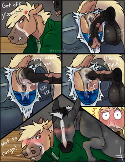 amused animal_genitalia animal_penis annoyed anthro anthro_on_feral anus assisted_exposure balls becoming_erect bestiality bodily_fluids caught_in_the_act clothing dry_humping equine_genitalia equine_penis erection farrier feral flaccid_to_erect from_behind_position genital_fluids genitals grinding group male male/male mounting penis precum puffy_anus questionable_consent sex speech_bubble surprise_buttsex surprise_sex torn_clothing trio yamatopawa asinus donkey equid equine horse mammal absurd_res comic hi_res