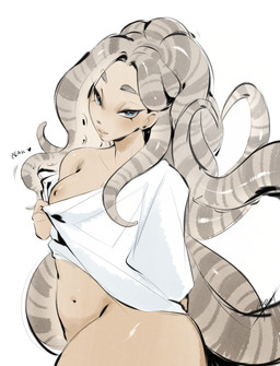 big_butt bottomless breasts butt clothed clothing female partially_clothed pseudo_hair shirt short small_breasts t-shirt tentacle_hair tentacles topwear topwear_only crowlix coraline_kempt aquatic cephalopod coleoid mimic_octopus mollusk octopodiform octopus hi_res