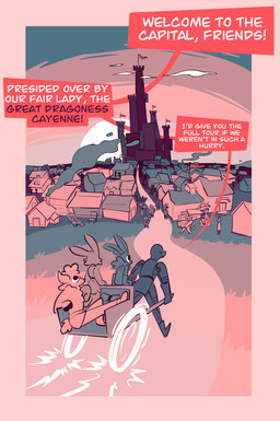 anthro building cart castle comic_panel crowd female group male running sitting speech_bubble sunset text tower town vanilla_candy unicorn_blood_(comic) bean_(vanilla_candy) briar_(vanilla_candy) saffron_(unicorn_blood) tulip_(unicorn_blood) arthropod bovid caprine insect lagomorph lepidopteran mammal moth reptile scalie sheep snake absurd_res english_text hi_res restricted_palette