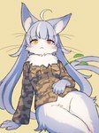 5_fingers :< ahoge anthro arm_support biped blue_body blue_ears blue_fur blue_hair blue_inner_ear blue_tail bottomless bottomless_anthro bottomless_female bottomwear breasts brown_clothing brown_shirt brown_topwear camo camo_bottomwear camo_clothing camo_print camo_topwear cheek_tuft claws clothed clothing countershade_face countershade_fur countershade_legs countershade_neck countershading eyelashes facial_tuft featureless_crotch female finger_claws fingers fluffy forked_tail front_view fur hair heterochromia hip_tuft humanoid_hands inner_ear_fluff kemono long_hair looking_at_viewer monotone_hair monotone_tail multicolored_body multicolored_fur neck_tuft pattern_bottomwear pattern_clothing pattern_topwear pink_eyes pockets pupils shirt shirt_pocket sitting slit_pupils small_breasts solo tail topwear tuft two_tone_body two_tone_fur unusual_anatomy unusual_tail whiskers white_body white_countershading white_fur white_inner_ear_fluff wide_hips yellow_eyes miromari japan_air_self-defense_force omaneko_(jasdf) domestic_cat felid feline felis mammal 2023 3:4 colored digital_drawing_(artwork) digital_media_(artwork) hi_res portrait shaded three-quarter_portrait male_(lore)