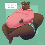 anthro belly belly_overhang bloated clothing dialogue fur ill_fitting_clothing male obese obese_anthro obese_male overweight overweight_anthro overweight_male simple_background solo speech_bubble peachiesheepie chinchilla chinchillid mammal rodent 2022 hi_res