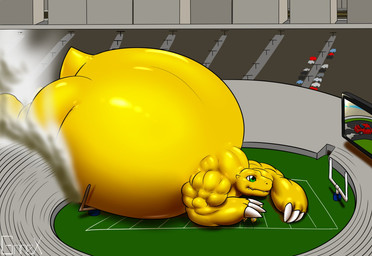 anthro car claws football_field green_eyes hyper larger_anthro lying macro male morbidly_obese muscular obese orange_body overweight size_difference small_tail solo stadium tail vehicle grinex bandai_namco digimon agumon digimon_(species) reptile scalie 2015 signature