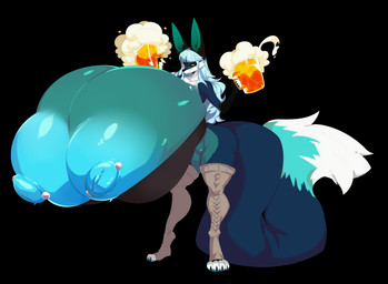 alcohol anthro areola beer beverage big_areola big_breasts big_butt big_tail black_body black_fur black_nose black_sclera blue_body blue_fur blue_hair breasts butt clothing dipstick_tail exposed_breasts eyewear female fur genitals glasses hair holding_object huge_areola huge_breasts huge_tail hyper hyper_areola hyper_breasts ill-fitting_clothing legwear long_ears long_hair looking_at_viewer markings nipple_piercing nipples orange_eyes piercing pint plump_labia puffy_areola solo stockings tail tail_markings thick_thighs vulva white_body white_fur jdwalkrat louise_lupine canid canine fox mammal absurd_res hi_res