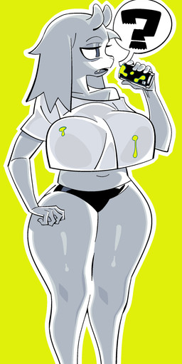 aged_down alternate_costume anthro barefoot beverage big_breasts black_clothing black_underwear breasts clothed clothing curvy_figure fangs feet female fur half-closed_eyes hourglass_figure looking_aside narrowed_eyes navel open_mouth question_mark simple_background solo spilled_drink standing teeth thick_thighs underwear white_body white_clothing white_fur wide_hipped_anthro wide_hipped_female wide_hips yellow_background hillmyna undertale undertale_(series) toriel boss_monster_(undertale) bovid caprine mammal 2021 absurd_res aliasing digital_drawing_(artwork) digital_media_(artwork) hi_res