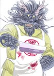 anthro apron beard blood blood_stain bodily_fluids butcher butcher_apron butcher_knife clothing facial_hair horn kemono male mustache solo yellow_eyes kas20241013 asian_mythology east_asian_mythology mythology dragon eastern_dragon mythological_creature mythological_scalie scalie absurd_res hi_res