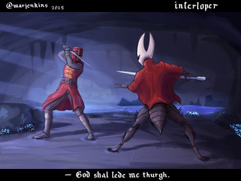 alternate_form anthro armor arthropod_abdomen belt black_bars black_body black_exoskeleton cave chainmail cloak clothing duel duo england exoskeleton female fighting_pose gloves greaves handwear headgear helmet knight lake male male/female medieval medieval_armor melee_weapon pose red_cloak red_clothing rock scabbard standing sword tabard text warrior water weapon white_head wide_stance warjenkins hollow_knight_(franchise) team_cherry hornet_(hollow_knight) animal_humanoid arthropod arthropod_humanoid human humanoid mammal 2025 4:3 absurd_res digital_media_(artwork) english_text hi_res letterbox signature
