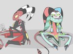 black_clothing bodily_fluids clothing clown clown_makeup duo frown green_eyes horn looking_away male multicolored_clothing red_eyes simple_background sitting sweat worried yellow_eyes danidrawsandstuff helluva_boss blitzo_(helluva_boss) fizzarolli_(helluva_boss) imp hi_res