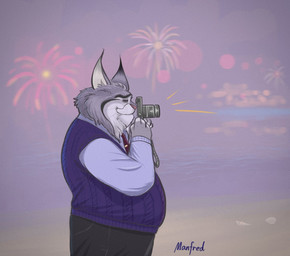 anthro camera clothed clothed_anthro clothed_male clothing fireworks fur grey_body grey_fur holding_camera holding_object male male_anthro mature_anthro mature_male overweight overweight_anthro overweight_male pink_nose solo taking_picture manfred_chan7 disney zootopia milton_lynxley canada_lynx felid feline lynx mammal hi_res signature