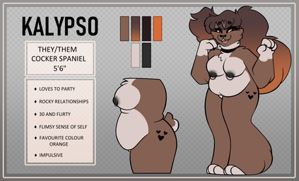 anthro black_nipples breasts brown_body brown_hair claws collar eyelashes female gradient hair leg_tattoo long_ears narrowed_eyes nipple_piercing nipples orange_eyes overweight pattern_background paws piercing short_tail side_view simple_background smile solo squint standing tail tattoo teeth text thick_thighs three-quarter_view tongue tongue_piercing white_paws zombieyvalia bird_dog canid canine canis cocker_spaniel domestic_dog hunting_dog mammal spaniel absurd_res english_text full-length_portrait hi_res model_sheet portrait nonbinary_(lore)