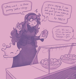 accessory ambiguous_gender anthro breasts clothing corset dessert dialogue duo eating female feral food headband lingerie text topwear weight_gain keffotin nintendo pokemon generation_8_pokemon human mammal milcery pokemon_(species) 2021 english_text hi_res