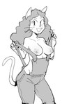 anthro areola breasts clothing clothing_pull female hair looking_at_viewer nipples overalls overalls_only presenting simple_background smile solo dbaru kevin_and_kell aby_eyeshine domestic_cat felid feline felis mammal 2021 hi_res monochrome