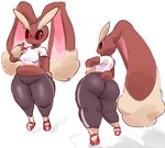 2022 anthro belly big_butt bottomwear breasts brown_body brown_fur butt clothed clothing female footwear fur generation_4_pokemon high_heels kiseff lagomorph looking_at_viewer lopunny mammal medium_breasts multiple_images navel nintendo pants pokemon pokemon_(species) red_eyes simple_background slightly_chubby solo standing thick_thighs tight_bottomwear tight_clothing tight_pants yoga_pants