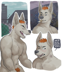 anthro barely_visible_genitalia blush body_hair bruised cigarette dialogue eyebrow_piercing facial_piercing genitals hair hickey male muscular muscular_anthro muscular_male navel nipples orange_hair penis piercing profanity pubes simple_background solo text white_background glitter_trap_boy redhead_(character) canid canine canis domestic_dog mammal pit_bull english_text hi_res