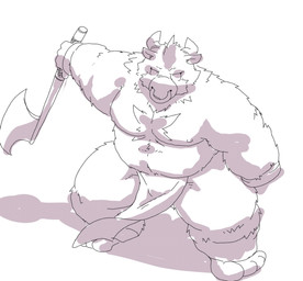 anthro axe belly big_belly bottomwear clothing facial_piercing kemono loincloth male melee_weapon moobs nose_piercing nose_ring overweight overweight_male piercing ring_piercing simple_background solo weapon white_background suishou0602 bovid bovine cattle mammal 2022 hi_res