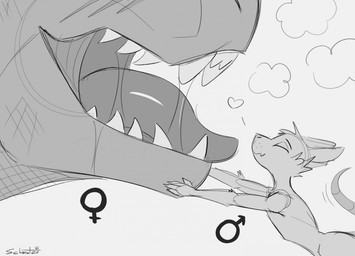 ambiguous_gender anthro biped bodily_fluids claws extreme_size_difference faceless_ambiguous faceless_anthro faceless_character female_symbol fingers fur gender_symbol heart_symbol larger_ambiguous male male/ambiguous male_symbol nude nude_anthro nude_male open_mouth saliva scar simple_background size_difference smaller_anthro smaller_male smile symbol tail teeth tongue white_background schmutzo dinosaur mammal mouse murid murine prehistoric_species reptile rodent scalie 2026 digital_drawing_(artwork) digital_media_(artwork) hi_res monochrome signature female_(lore)