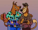 aloha_shirt anthro anthrofied beverage black_nose bottomwear can clothed clothing container duo eye_contact hand_on_shoulder happy hat headgear headwear hoodie jewelry looking_at_another male necklace pattern_clothing pattern_shirt pattern_topwear plate shirt shorts simple_background slightly_chubby smile steam teeth topwear rhyset hanna-barbera johnny_test_(series) scooby-doo_(series) dukey scooby-doo canid canine canis domestic_dog great_dane mammal mastiff molosser 2019 crossover signature unavailable_at_source