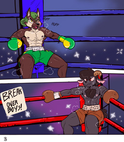 abs anthro areola biceps black_body black_fur black_hair bodily_fluids bovid_horn boxing boxing_gloves boxing_shorts breath brown_body brown_fur bruised bruised_cheek caprine_horn clothing dark_areola duo fighting_ring fur green_hair hair handwear horn male muscular muscular_anthro muscular_male nipples panting pink_areola ram_horn red_eyes red_sclera smug smug_smile sport sweat text text_box white_sclera yellow_eyes fellowthewulf bovid canid canine canis caprine mammal sheep wolf comic english_text hi_res