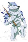 5_fingers anthro asian_clothing athletic athletic_anthro athletic_male black_nose blue_body blue_fur bulge clothed clothed_anthro clothed_male clothing east_asian_clothing fangs fingers fishing_rod fundoshi fundoshi_only fur humanoid_hands japanese_clothing male multicolored_body multicolored_fur muscular muscular_male partially_submerged solo standing standing_in_water striped_body striped_fur stripes teeth topless topless_anthro topless_male two_tone_body two_tone_fur underwear underwear_only water white_body white_fur scrappyvamp bandai_namco digimon digimon_(species) weregarurumon 2024 hi_res