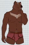 anthro belly biped black_claws body_hair briefs briefs_only brown_body brown_eyes brown_fur bulge checkered checkered_background claws clothed clothing eyebrows fur hand_on_neck happy_trail male male_anthro navel nipples one_eye_closed partially_clothed partially_clothed_male pattern_background pink_briefs pink_clothing pink_nipples pink_underwear red_seam_briefs simple_background slightly_chubby solo standing tan_body tan_eyebrows tan_fur topless underwear underwear_only white_background white_sclera unsafescapewolf echo_(series) echo_project the_smoke_room felipe_(the_smoke_room) paul_(the_smoke_room) gulonine mammal mustelid musteline wolverine 2024 digital_drawing_(artwork) digital_media_(artwork) hi_res portrait three-quarter_portrait