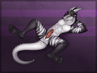5_toes animal_genitalia anthro anus barefoot claws erection facial_scar feet genital_slit genitals hands_behind_head horn humanoid_feet looking_at_viewer lying male multicolored_body muscular nude on_back orange_eyes penis plantigrade presenting presenting_anus presenting_penis purple_background scales scar simple_background smile solo spread_legs spreading striped_body stripes tail toe_claws toes two_tone_body ulven-f bethesda_game_studios microsoft the_elder_scrolls scales-like-ash argonian lizard reptile scalie digital_media_(artwork) hi_res