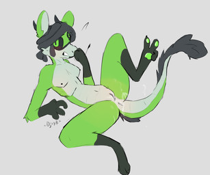anthro anus breasts female flat_chested genitals green_body horn paws skinny small_breasts solo vaginal vulva =djoyk= lizard reptile scalie hi_res