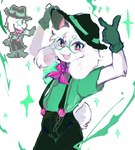 anthro bow_tie clothing collared_shirt dress_shirt eyewear floppy_ears fur glasses gloves handwear hat headgear headwear male shirt smile solo suspenders topwear white_body white_fur basilxbun deltarune undertale_(series) ralsei bovid caprine goat mammal hi_res