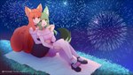 anime_style bottomwear clothing duo female female/female fireworks footwear green_ears green_hair hair hill legwear pink_clothing pink_footwear pink_shoes purple_clothing purple_footwear purple_socks red_ears red_hair romantic romantic_couple shoes skirt socks thigh_highs inosagi nintendo pokemon animal_humanoid canid canid_humanoid canine canine_humanoid fox_humanoid generation_1_pokemon humanoid mammal mammal_humanoid pokemon_(species) vulpix