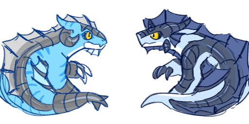 ambiguous_gender black_body black_horn black_sclera blue_body blue_horn dipstick_tail dorsal_frill duo feral frill_(anatomy) glistening glistening_eyes grey_body grey_frill head_crest head_frill horn markings mouth_closed simple_background sitting tail tail_markings unsigned white_background yellow_eyes asnnonaka mythology dragon mythological_creature mythological_scalie scalie colored_sketch hi_res sketch