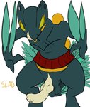 anthro aroused facial_piercing glaring male nose_piercing nose_ring piercing ring_piercing sash scar septum_piercing septum_ring solo tongue tongue_out tongue_piercing notactuallyhere nintendo pokemon slad_the_sceptile generation_3_pokemon pokemon_(species) sceptile shiny_pokemon hi_res