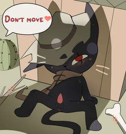 animal_genitalia animal_penis anthro balls black_body black_border black_fur blush bodily_fluids bone border cactus clothing convenient_censorship cowboy_hat dialogue eye_scar facial_scar feline_genitalia feline_penis fur genitals gun handgun hat headgear headwear heart_after_text imminent_sex leaning_on_wall looking_up_at_another male obscured_mouth offscreen_character one_eye_obstructed outside penile_spines penis plant poncho ranged_weapon red_eyes scar shadow spread_legs spreading stick sweat tail text torn_clothing weapon kusan_nei mewgenics zodiac_(mewgenics) domestic_cat felid feline felis mammal absurd_res english_text hi_res