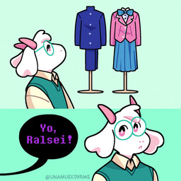 2_horns 2_panel_comic anthro biped bottomwear bow_ribbon clothed clothed_anthro clothed_male clothing clothing_store dialogue exclamation_point eyewear floppy_ears fur glasses green_background horn lgbt_pride male male_anthro offscreen_character pink_eyes pink_horn pride_colors side_view simple_background skirt snout solo speech_bubble store talking_to_another text three-quarter_view transgender_pride_colors wearing_glasses white_body white_fur unamusedyams deltarune undertale_(series) yu-gi-oh! ralsei bovid caprine darkner goat mammal 1:1 2026 artist_name comic digital_drawing_(artwork) digital_media_(artwork) english_description hi_res trans_(lore) trans_woman_(lore)