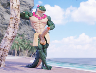 abs anthro arm_support balls barefoot beach biceps big_balls big_muscles big_penis bottomwear cliff clothed clothing erection exhibitionism feet flower flower_accessory flower_necklace flower_on_head genitals glans grass_skirt green_body green_scales hamstrings hula hula_dancer humanoid_genitalia humanoid_penis ineffective_clothing jewelry leaning leaning_on_elbow lei male muscular muscular_anthro muscular_male navel necklace nipples non-mammal_nipples obliques palm_tree pecs penis pink_nipples plant plantigrade pupils quads rock_formation scales sea seaside shoreline skirt slit_pupils solo standing tail teeth thicket topless topless_anthro topless_male tree triceps vein veiny_penis ventral_scales wardrobe_malfunction water yellow_sclera yellow_underbelly connivingrat fret helm_(connivingrat) crocodilian reptile scalie 3d_(artwork) digital_media_(artwork) hi_res