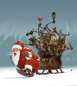 acoustic_guitar antlers binoculars christmas_clothing christmas_decorations christmas_headwear christmas_lights clothing costume drinking drugs female group guitar hat headgear headwear holidays hooves horn interspecies littering male male/female mane musical_instrument outside party plucked_string_instrument role_reversal santa_costume santa_hat sex sheriff sleigh smoking snow string_instrument string_lights maykrender christmas santa_claus deer human mammal new_world_deer reindeer