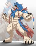 abs amber_eyes anthro biceps big_biceps biped blue_body blue_fur body_hair body_tuft braided braided_hair chest_hair chest_tuft claws facial_tuft fangs featureless_crotch fur furry_tail hair head_tuft light_body light_fur looking_at_viewer male multicolored_body multicolored_fur muscular muscular_anthro muscular_arms muscular_legs muscular_male muscular_thighs notched_ear orange_eyes palette pecs pink_body pink_fur pink_nose pubes serratus sharp_teeth solo spikes tail teeth tuft vein white_body white_fur valentinesartx mythology nintendo pokemon canid canine canis generation_8_pokemon hero_of_many_battles_zacian legendary_pokemon mammal mythological_canine mythological_creature pokemon_(species) wolf zacian hi_res