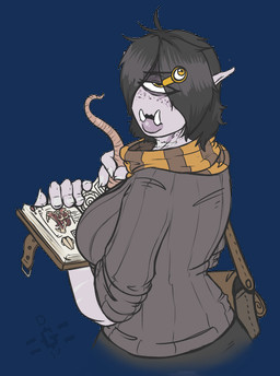 book clothed clothing fangs female hair looking_at_viewer not_furry satchel scarf simple_background solo teeth dannyg amber_(dannyg) cyclops humanoid alpha_channel
