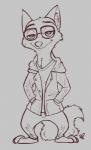 alternate_costume anthro biped clothed clothing eyewear glasses half-closed_eyes hand_in_pocket hands_in_both_pockets looking_at_viewer male narrowed_eyes pockets simple_background smile solo standing white_background alec8ter conditional_dnp disney zootopia nick_wilde canid canine fox mammal red_fox true_fox 2016 black_and_white hi_res monochrome signature