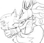 anthro blood bodily_fluids clothing duo gloves handwear looking_at_another male mask scratches sweat wrist_grab sikai sega sonic_forces sonic_the_hedgehog_(series) infinite_(sonic) sonic_the_hedgehog canid canine canis eulipotyphlan hedgehog jackal mammal black_and_white monochrome sketch