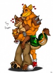 amber_eyes anthro biceps big_muscles bottomwear brown_body brown_fur claws clothed clothing duo footwear fur heart_symbol hug licking love male male/male muscular muscular_male orange_body orange_fur pants pawpads paws plushie red_eyes romantic romantic_couple shoes shoulder_pads simple_background tail teeth tongue tongue_out topless white_background arody activision crash_bandicoot_(series) dingodile tiny_tiger canid canine canis crocodile crocodilian dasyuromorph dingo hybrid mammal marsupial recently_extinct_species reptile scalie thylacine collaboration hi_res