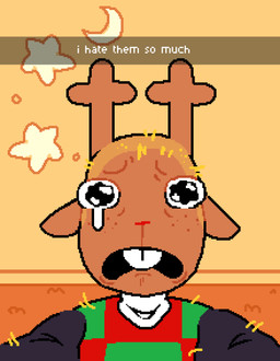 anthro antlers bald bodily_fluids brown_body brown_fur buckteeth checkered checkered_clothing checkered_sweater checkered_topwear clothing female freckled_face freckles front_view fur green_clothing green_sweater green_topwear horn pattern_clothing pattern_sweater pattern_topwear red_nose sad selfie solo sweater tears teeth text topwear asepriterico deltarune undertale_(series) noelle_holiday deer mammal new_world_deer reindeer 2025 absurd_res digital_drawing_(artwork) digital_media_(artwork) english_text hi_res meme