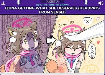accessory blush bodily_fluids brown_hair cast_shadow clothing crop_top cutaway cute_fangs dipstick_tail disembodied_hand duo emoticon expression_cutaway eyes_closed fangs female gartic_phone_(artwork) gloves hair hair_accessory halo handwear happy headpat humor light_body light_skin long_sleeves looking_up looming male markings open_mouth open_smile plot_twist scared scarf sequential_arrow shaking shirt simple_background smile solo_focus suggestive sweat sweatdrop tail tail_markings tears teeth text topwear trembling yellow_eyes bitumi blue_archive gartic_phone nexon izuna_(blue_archive) sensei_(blue_archive) animal_humanoid canid canid_humanoid canine canine_humanoid fox_humanoid human humanoid mammal mammal_humanoid character_name comic digital_drawing_(artwork) digital_media_(artwork) english_text japanese_text sketch