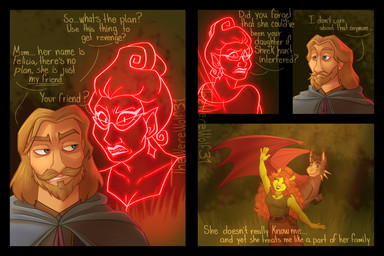 4_panel_comic 5_fingers age_difference aged_up answer answering asking asking_another beard belt belt_pouch bent_legs black_belt black_border black_claws black_eyebrows black_hooves black_mane blonde_beard blonde_facial_hair blonde_hair blonde_mustache blue_cloak blue_clothing blue_eyes border bottomwear breasts brown_bottomwear brown_clothing brown_eyes brown_pants cheek_spikes claws cleavage clenched_teeth cloak closed_smile clothed clothed_female clothed_human clothed_humanoid clothed_male clothing collarbone dialogue dipstick_ears ear_markings ear_piercing ear_tuft eyebrow_through_hair eyebrows eyelashes eyelashes_through_hair eyes_closed eyewear facial_hair facial_piercing facial_spikes female feral fingers flying forest frown frowning_at_another fully_clothed fully_clothed_female fully_clothed_humanoid fur gesture glasses glowing glowing_body glowing_eyes grass green_body green_clothing green_lips green_shirt green_skin green_tank_top green_topwear grey_body grey_clothing grey_fur grey_shirt grey_topwear group hair hair_bun half-closed_eyes happy hooded_cloak hooves humanoid_pointy_ears jewelry lidded_eyes light lips logo long_ears long_hair male male_feral mane markings mature_female mature_humanoid medium_breasts medium_hair membrane_(anatomy) membranous_wings mouth_closed multicolored_ears mustache name_drop name_in_dialogue narrowed_eyes necklace nose_piercing nose_ring not_furry_focus nude_male older_female older_human older_humanoid older_male open_frown open_mouth outside pants piercing pink_eyelashes pink_eyes pink_eyewear pink_glasses pink_line_art pink_lips plant pointy_ears question red_ear_tips red_hair red_membrane red_wings ring_piercing shirt short_mane smile spikes spikes_(anatomy) standing sunlight talking_to_another tan_body tan_skin tan_spikes tank_top teeth text thick_eyebrows topwear translucent translucent_body translucent_hair translucent_wings tree tuft unguligrade waving wavy_hair wing_claws wings younger_female younger_feral younger_humanoid younger_male thewerewolf31 dreamworks mythology shrek_(series) fairy_godmother_(shrek) felicia_(shrek) peanut_(shrek) prince_charming_(shrek) asinus donkey dragon dronkey equid equine fairy ghost human humanoid hybrid mammal mythological_creature mythological_scalie ogre scalie spirit 2026 3:2 artist_logo artist_name colored colored_line_art comic digital_drawing_(artwork) digital_media_(artwork) english_description english_text hi_res lighting shaded mother_(lore) mother_and_child_(lore) mother_and_son_(lore) parent_(lore) parent_and_child_(lore) parent_and_son_(lore) son_(lore)