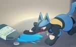 ambiguous_gender anthro antifreeze_(liquid) bent_over big_ears black_body black_markings blue_body blue_fur fur licking markings paws red_eyes solo tongue tongue_out boke_(artist) nintendo pokemon canid canine generation_4_pokemon lucario mammal pokemon_(species) 16:10 2021 watermark widescreen