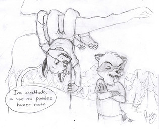 anthro bodily_fluids bottomwear clothed clothing crossed_arms disgust duo eyes_closed front_view head_tuft in_tree logo male male_anthro open_mouth outside pants plant saliva saliva_string shirt speech_bubble standing t-shirt tongue tongue_out topwear tree tuft upside_down young young_anthro young_male pandapaco art_(pandapaco) biro_(pandapaco) canid canine fox mammal procyonid raccoon artist_logo monochrome signature sketch traditional_media_(artwork)