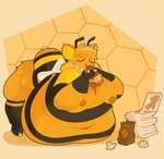 anthro belly big_belly burger butt container eating eating_food eyes_closed food male moobs morbidly_obese nipples nude obese obese_anthro obese_male overweight overweight_anthro overweight_male pizza_box simple_background solo catboyz arthropod bee hymenopteran insect hi_res