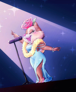 4_fingers anthro biped blush boa_(clothing) bracelet clothed clothing dress dutch_angle electronics eyelashes eyes_closed female fingers flower footwear fur gesture hand_gesture high_heels jewelry microphone microphone_stand open_mouth open_smile pink_nose plant pointing shoes singing smile solo sparkles spotlight stage standing tan_body tan_fur kurokuma824 chip_'n_dale disney clarice_(disney) chipmunk ground_squirrel mammal rodent sciurid 2016 hi_res